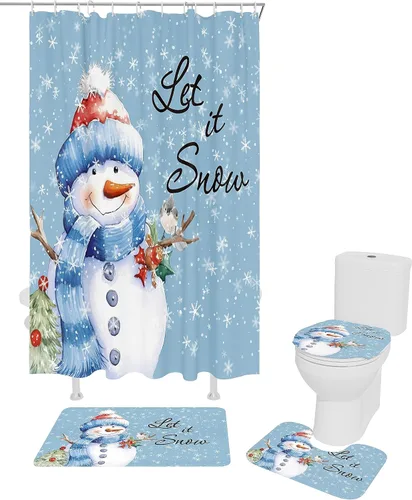 Miniatura 2 de Juego de baño de Navidad con cortina de ducha y accesorios para alfombra, cortina de 36 x 72 pulgadas de largo con tapete de baño pequeño, juego