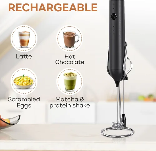 Miniatura 3 de Varita espumadora de leche de mano recargable con soporte, espumador de leche de doble batidor de mano, 3 niveles de velocidad, agitador de café
