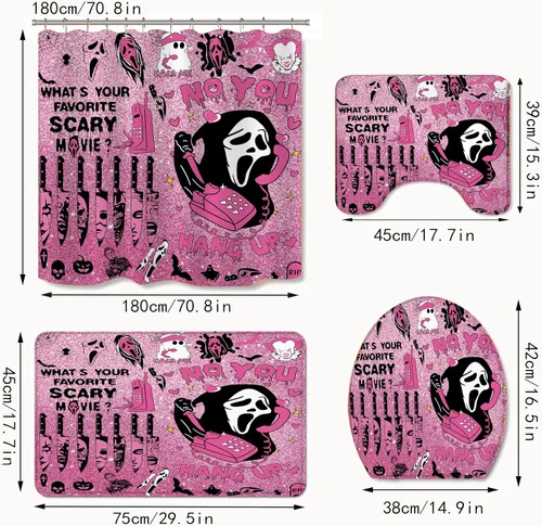 Miniatura 2 de Juego de 4 cortinas de ducha de Halloween, juego de cortina de ducha gótica rosa aterradora para decoración de baño de Halloween, con antideslizante