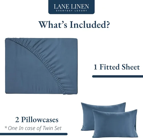 Miniatura 2 de LANE LINEN Juego de sábana bajera y funda de almohada 100% algodón orgánico en tamaño individual, azul marino, con tejido de percal de algodón