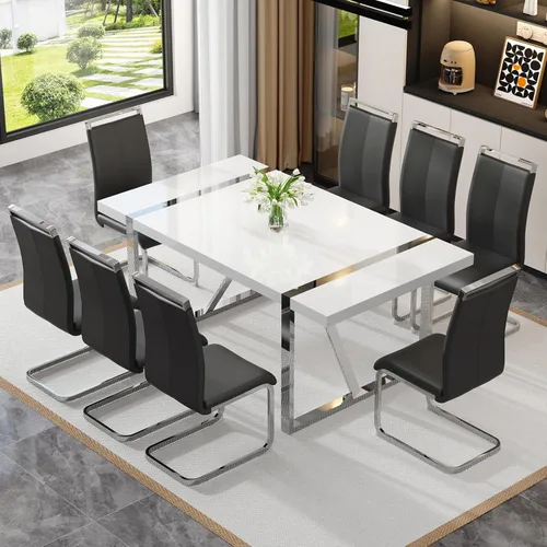 Miniatura 9 de Mesa de comedor Ebullient para 4, mesa de comedor rectangular negra de MDF, tapa de mesa de cena de mármol falso, mesa de comedor moderna con marco