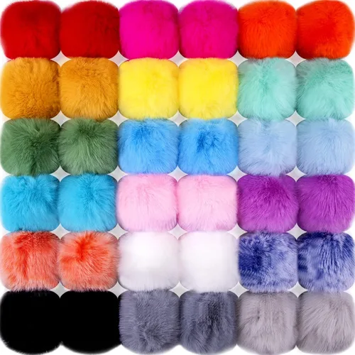 BQTQ 36 Piezas Pompones de Piel Sintética de Conejo con Lazo Elástico DIY Pompón Esponjoso para Sombreros Gorros Zapatos Bufandas Guantes Bolsas