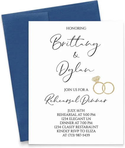 Modern Pink Paper Elegante invitación de cena de ensayo personalizada, juego de anillos con oro, su elección de cantidad y color de sobre