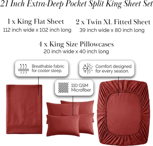 Miniatura 400 de Southshore Fine Living, Inc. Juego de 7 piezas de sábanas King divididas para cama ajustable, juego de sábanas King divididas con bolsillo de 21