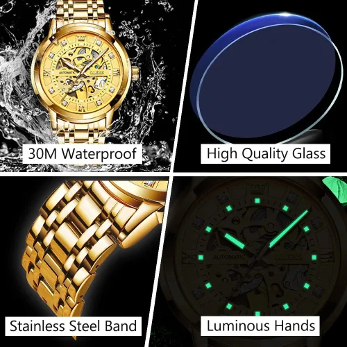 Miniatura 5 de OLEVS Men's Automatic Watch, Luxury Skeleton Large Face Roman Numerals Self Winding Watch, Gold Silver Stainless Steel Watches for Men