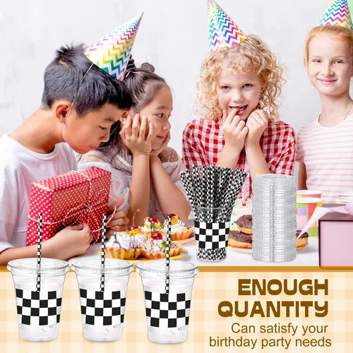 Miniatura 5 de Sliner 50 juegos de vasos de plástico a cuadros de 16 onzas con tapas y pajitas de papel, vasos desechables transparentes para fiesta de autos