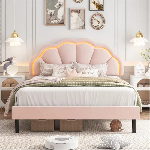Miniatura 11 de HIFIT Marco de cama LED inteligente tapizado completo con cabecera ajustable de pétalos elegantes, marcos de cama de plataforma de tamaño completo