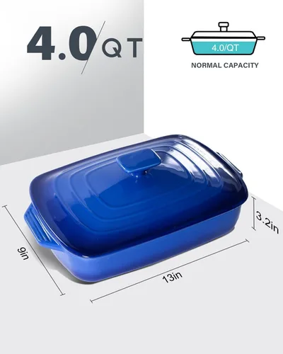 Miniatura 2 de Lareina Cacerola grande de cerámica con tapa, 4.0 cuartos de galón, platos cubiertos rectangulares de piedra para hornear para horno, cacerolas