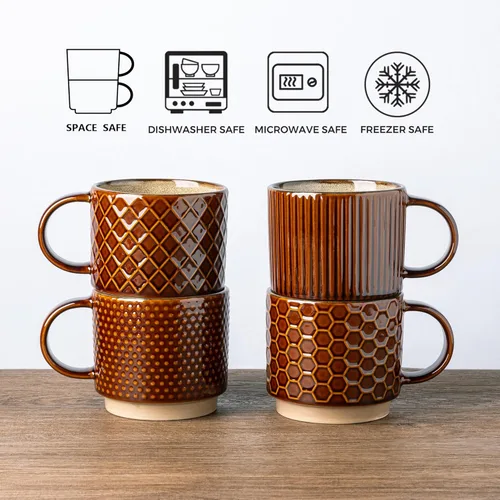 Miniatura 7 de GBhome Tazas de café apilables de 8 onzas, tazas de café de cerámica con patrones de textura para hombre, mujer, papá, mamá, juego de 4 tazas