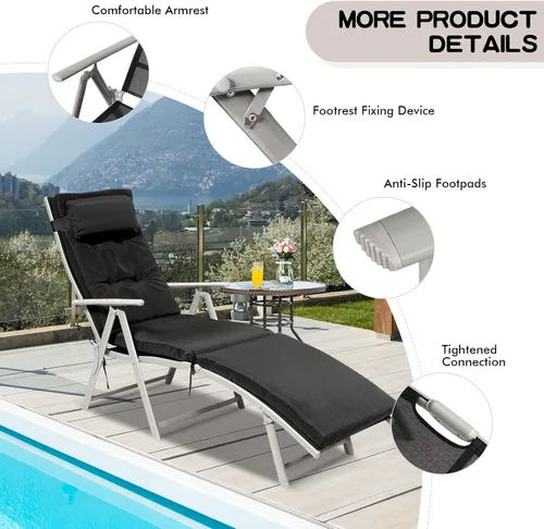 Miniatura 7 de Giantex Tumbona para exterior, silla de playa plegable reclinable con cojín extraíble y almohada para reposacabezas, tumbona de descanso al aire