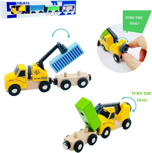 Miniatura 4 de Juego de trenes de madera con grúa, juguetes de tren magnético para pistas de tren de madera, conjuntos de trenes para niños pequeños y niños de 3