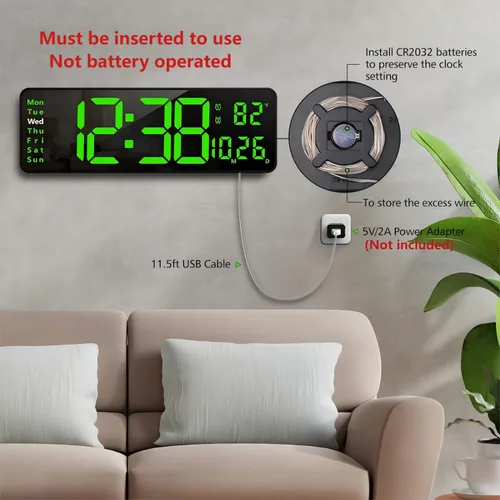 Miniatura 7 de Zgrmbo Reloj de pared digital de 16 pulgadas con control remoto, reloj digital de pantalla grande con fecha, temperatura interior, semana, 12/24