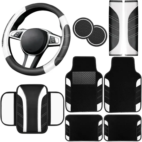 Miniatura 15 de NBTEPEM Juego de 6 accesorios de automóvil beige, funda de cuero deportivo para volante de 14.5 a 15 pulgadas, universal, funda de cuero