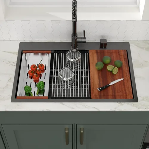 Miniatura 2 de Logmey Fregadero de cocina negro 33x22 empotrable, estación de trabajo de fregadero de cocina, SUS304 calibre 16 acero inoxidable, tazón individual