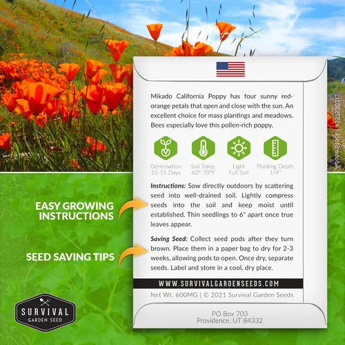 Miniatura 2 de Paquete de 1 semilla de amapola Mikado California para plantar, paquete con instrucciones para cultivar amapolas rojas en tu huerto casero, variedad