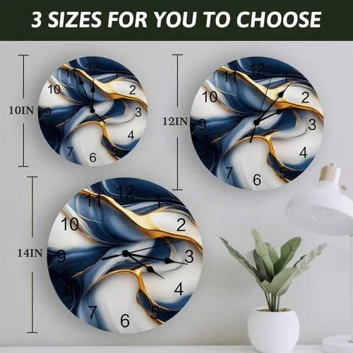 Miniatura 6 de Reloj de pared de PVC de mármol azul dorado para decoración de sala de estar, textura abstracta retro, silencioso, sin tictac, funciona