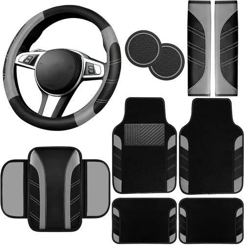 Miniatura 31 de NBTEPEM Juego de 6 accesorios de automóvil beige, funda de cuero deportivo para volante de 14.5 a 15 pulgadas, universal, funda de cuero