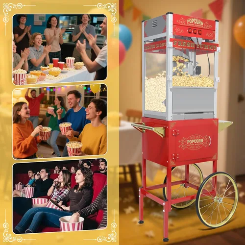 Miniatura 2 de Máquina comercial de palomitas de maíz con carrito y ruedas, máquina para hacer palomitas de maíz con hervidor de acero inoxidable de 22 onzas, Rojo