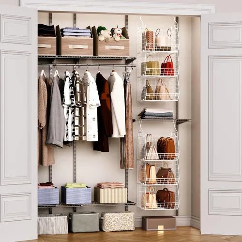 Miniatura 6 de X-cosrack Organizador de armario plegable de 3 niveles, estantes de ropa con 5 ganchos en S, para montaje en pared y armario de alambre para Blanco