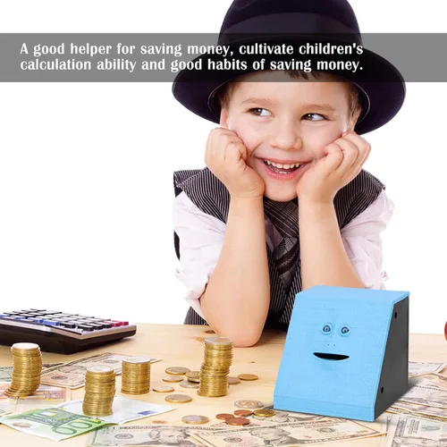 Miniatura 4 de Banco de ahorro para comer monedas, con pilas, caja de ahorro de dinero para niños de 3 años en adelante, para niños, niñas, adultos, Navidad, Azul