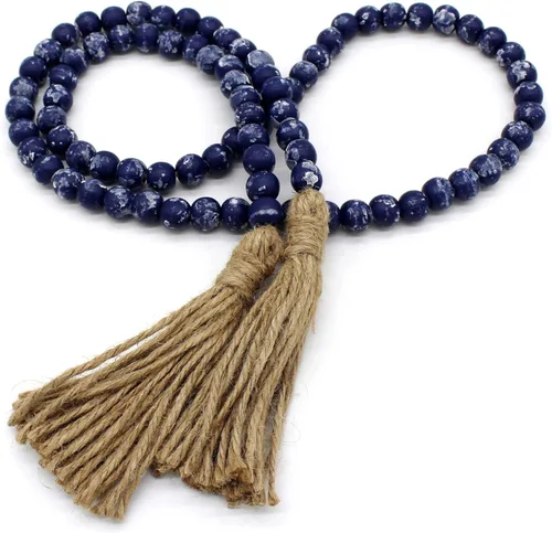 Miniatura 10 de CVHOMEDECO. Guirnalda de cuentas de madera con borlas, diseño rústico de granja, cadena de cuentas de oración para colgar en la pared, acento