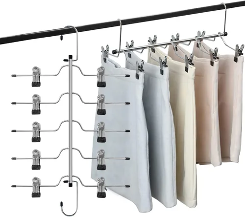 Paquete de 4 perchas de metal para pantalones y faldas, perchas de 5 niveles que ahorran espacio con clips antideslizantes ajustables, gancho 4