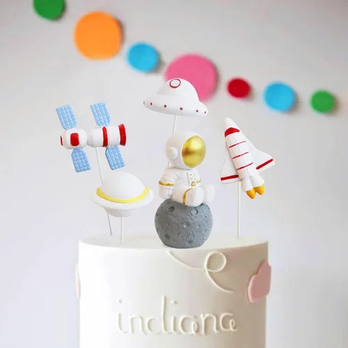 Miniatura 5 de Ercadio 1 pieza de decoración para tartas de niña espacial, luna, estrella, cohete, planeta, decoración de pasteles, espacio de feliz cumpleaños
