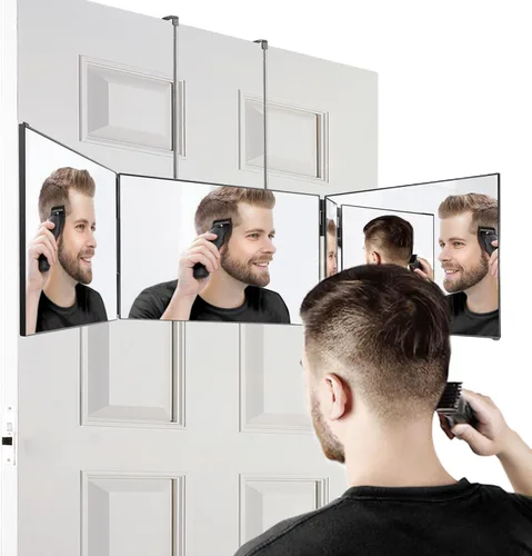 Espejo de 3 vías, espejo 360 para corte de cabello, ajustable y plegable, espejo de peluquero triple con ganchos telescópicos, accesorios de
