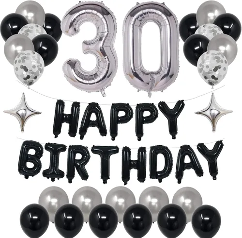 Miniatura 15 de Decoraciones de fiesta de cumpleaños color negro y plateado para niños y niñas, suministros de fiesta de cumpleaños número 14 con pancarta negra