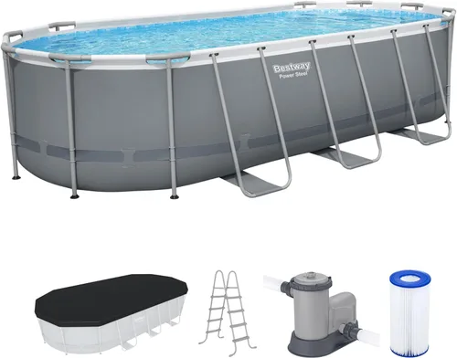 Miniatura 11 de Bestway 56655E Power Steel - Juego de piscina de 16 x 10 x 42 pulgadas, marco ovalado para exteriores sobre el suelo, con bomba de filtro de Gris
