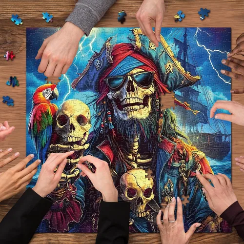 Miniatura 6 de Rompecabezas de esqueleto pirata para adultos, 1000 piezas, capitán pirata de terror con cráneo loro, escena de tormenta oceánica, rompecabezas