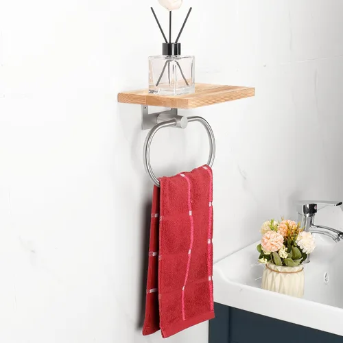 Miniatura 6 de TocTen Toallero de mano para baño, toalla de pared con estante de madera, toallero de mano de metal de alta calidad, accesorios de baño, colgador
