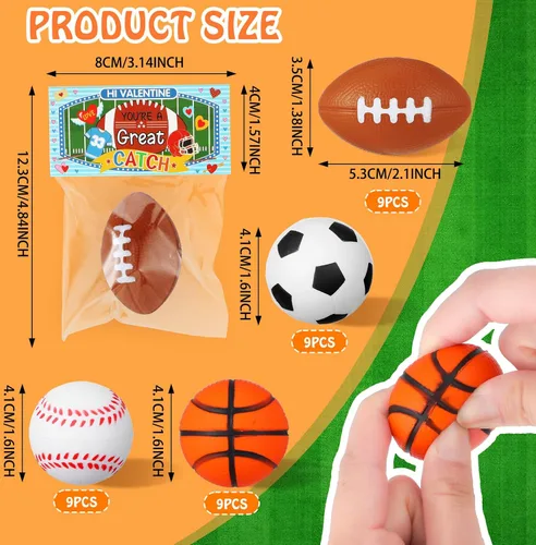 Miniatura 2 de Zhanmai 36 bolas de estrés deportivas para el día de San Valentín con tarjetas de regalo para niños, baloncesto, béisbol, fútbol, fiesta
