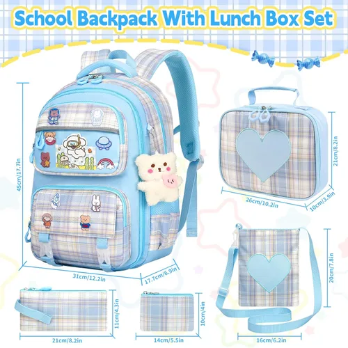 Miniatura 2 de Linda mochila para niñas, paquete de 5 mochila kawaii estética con juego de lonchera, bonita mochila escolar azul para niños y adolescentes primarias