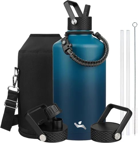 Miniatura 48 de Konokyo - Botella de agua aislada de 18 onzas, botellas deportivas de acero inoxidable con 3 tapas, verde militar