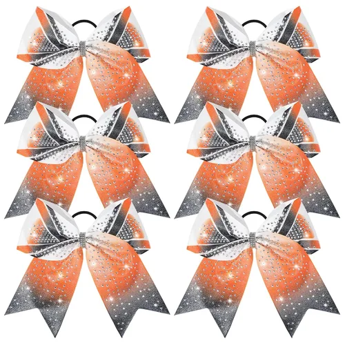 Miniatura 11 de DEEKA 6 lazos grandes de animadora con purpurina de 8 pulgadas con diamantes de imitación completos, lazos para el pelo de animadora coloridos Plata