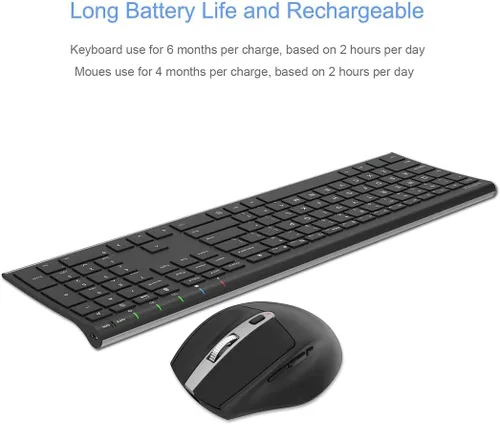 Miniatura 5 de Arteck Combo de teclado y mouse inalámbricos de 2.4 G, teclado de tamaño completo de acero inoxidable y mouse ergonómico con botones laterales
