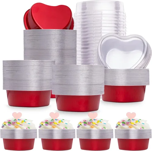 Miniatura 9 de yeload 60 moldes para pasteles en forma de corazón con tapas, mini moldes de aluminio, 3.4 onzas/3.4 fl oz de papel de aluminio desechable, molde