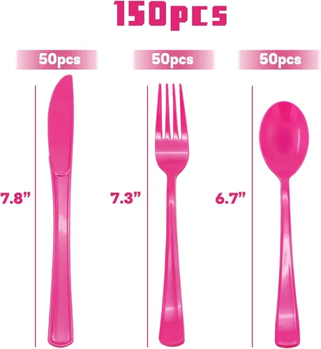 Miniatura 2 de 150 piezas de cubiertos de plástico rosa intenso y utensilios de plástico rosa intenso resistentes - 50 tenedores, 50 cuchillos, 50 cucharas