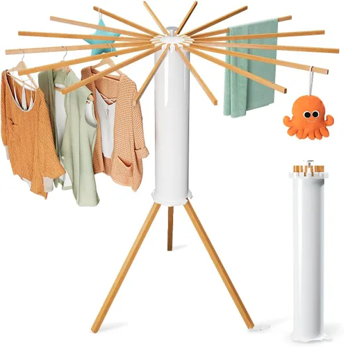 Miniatura 7 de Estante de secado de ropa con trípode cilíndrico, 16 varillas expandibles, estante de secado de pulpo de pie, maestro de ahorro de espacio, compacto