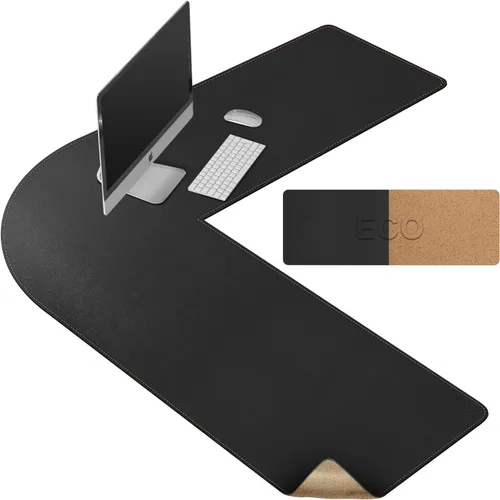 Miniatura 10 de MAIDERN Tapete de escritorio esquinero en forma de L (40 + 40 pulgadas) x 13 pulgadas, corcho y cuero, tapete de escritorio de doble cara para Negro