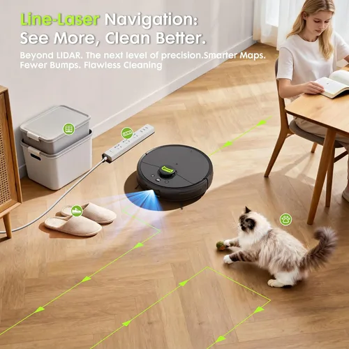 Miniatura 7 de Robot aspirador y trapeador, tecnología de corte sin enredos de pelo de mascotas, succión máxima de 10,000 Pa, navegación láser, láser