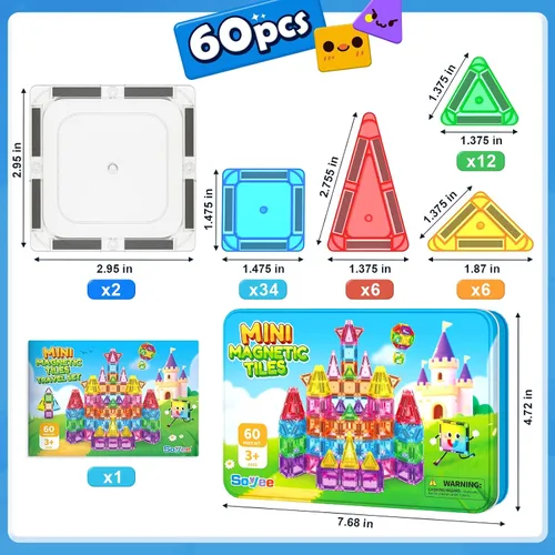 Miniatura 6 de Soyee Mini azulejos magnéticos de viaje, 60 piezas con estuche de lata de metal, juguetes esenciales de viaje, juguetes de viaje para niños