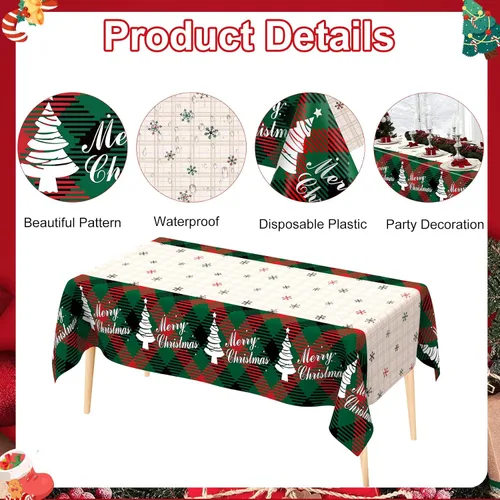 Miniatura 3 de Mantel de Navidad, 2 piezas de mantel de Navidad desechable para mesa rectangular, 54" x 108" de plástico con diseño de copo de nieve, árbol