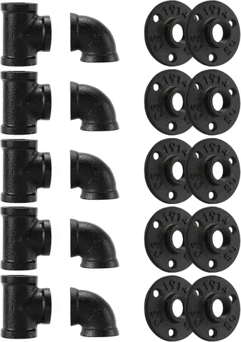 Miniatura 12 de Accesorios de tubería negros de 3/4", Home TZH - Juego de 30 unidades de brida de piso/codo/camiseta para estilo vintage industrial