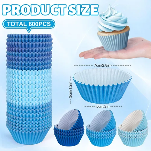 Miniatura 2 de Whaline 600 Piezas Forros Azules para Cupcakes Degradado Azul Portadores de Moldes para Hornear Envoltorios para Cupcakes Forros para Muffins