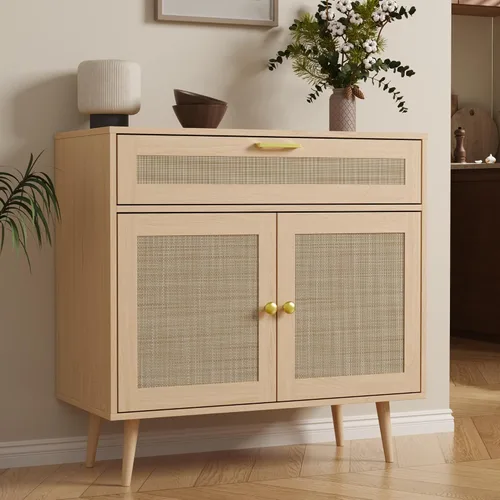 Furnify Aparador de bufé de ratán, gabinete de cocina bohemio con cajón y 2 puertas, gabinete de acento moderno de mediados de siglo con estante