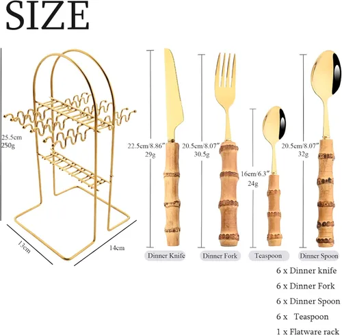 Miniatura 4 de Juego de cubiertos de acero inoxidable dorado de 24 piezas, cubiertos de mango de bambú con soporte, incluye cuchillo tenedor, cuchara y cucharilla