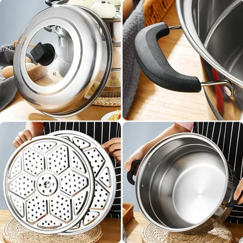 Miniatura 2 de Ollas de vapor de 11.8 pulgadas con 3 forros de vapor y agarrador de cocina, olla de vapor de acero inoxidable de 3 niveles con tapa para cocinar