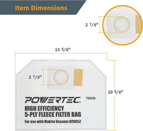 Miniatura 4 de POWERTEC 75039 Bolsas de filtro de vellón para aspiradora Makita XCV05Z, paquete de 10 unidades (paquete de 2)